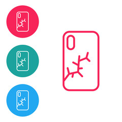 Red line Smartphone with broken screen icon isolated on white background. Shattered phone screen icon. Set icons in circle buttons. Vector.