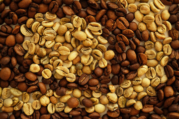 Texture of raw green and roasted coffee beans