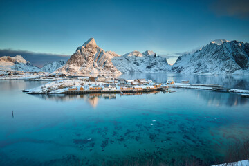 A view of the village of Sakrisoy in the Lofoten Islands in Norway at sunrise