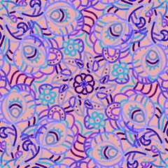 Seamless pattern of abstract colored elements on a pink background for textile.