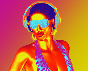 Neon digital art image of woman dancing with headphones on. 3Drender, not a real person no model release necessary.  Great for music themes.