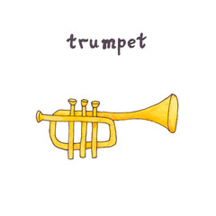 Fototapeta premium Trumpet watercolor sketch. Artistic yellow golden metal wind instrument illustration