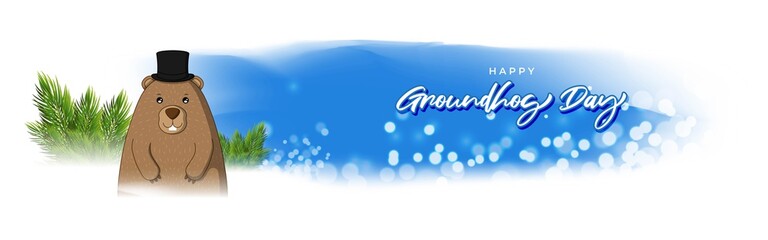 Vector illustration concept of Happy Groundhog Day greeting with cute groundhog coming out from snow covered ground. 2 February.