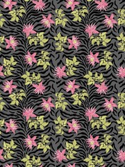 Vector illustration of exotic flowers and leaves. Zebra skin background. Exotic pattern.For poster, greeting card, invitation, cover, banner, textile and other graphic design.Scalable to any size.