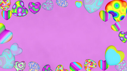 Mixed paint pattern valentine heart surface frame greeting card with pink background (3D Rendering)