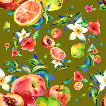 Watercolor seamless pattern of flowers and fruits