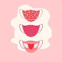 a set of medical face masks with pink and red hearts and Saint Valentine Day pattern print 2021. Protection of coronavirus and covid Valentine Day.  Flat vector illustration

