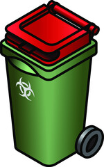 A green infectious waste bin with a red lid.