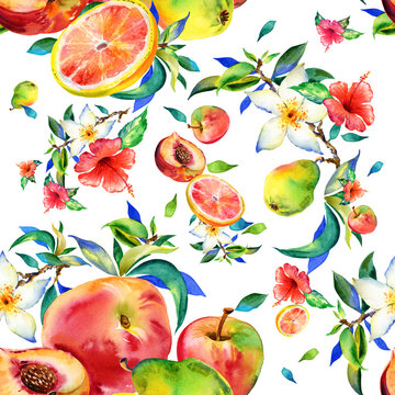  Watercolor seamless pattern of flowers and fruits