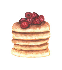 Stack of pancakes with fresh raspberries. Hand drawn watercolor illustration isolated on white background