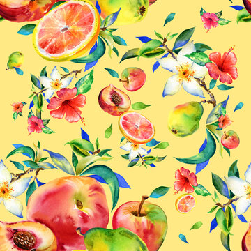  Watercolor seamless pattern of flowers and fruits