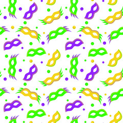 Fototapeta na wymiar Mardi Gras seamless pattern with carnival masks; holiday background for wrapping paper, greeting cards, posters, banners.