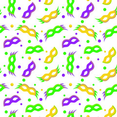 Mardi Gras seamless pattern with carnival masks  holiday background for wrapping paper, greeting cards, posters, banners. © Xaphana