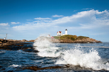 Surf Crashing by Nubble Lighthouse in Maine © alwoodphoto