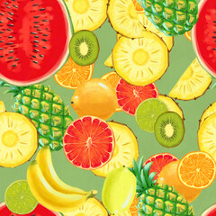 Hand drawn seamless pattern with bananas, coconuts, pineapples papaya kiwi fruit and watermelon