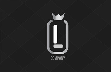 L silver king crown alphabet letter logo for company and corporate. Grey color luxury design. Can be used as an icon for a product or brand