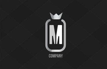 M silver king crown alphabet letter logo for company and corporate. Grey color luxury design. Can be used as an icon for a product or brand