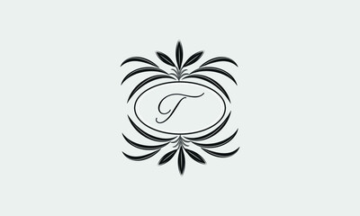 Vector logo design in trendy linear style. Floral monogram with the letter T in the center or space for the text of the letter - an emblem for fashion, beauty and jewelry industry, business