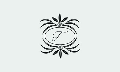 Vector logo design in trendy linear style. Floral monogram with the letter T in the center or space for the text of the letter - an emblem for fashion, beauty and jewelry industry, business