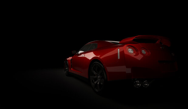 Almaty, Kazakhstan. Juli 15, 2019: Nissan GTR supercar. On dark background. 3D render