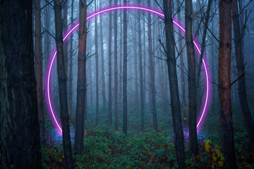 Portal in the form of a neon glow in a foggy forest