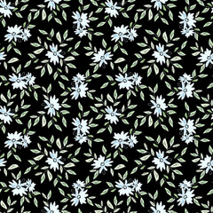 Seamless illustration with blue flowers and green foliage on a black background.