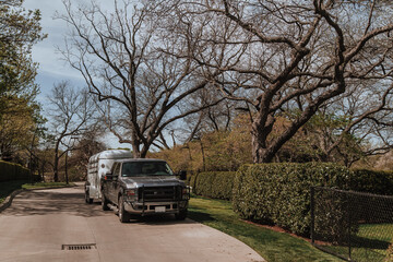 Pickup truck with horse carriage in the park. © roman38russ
