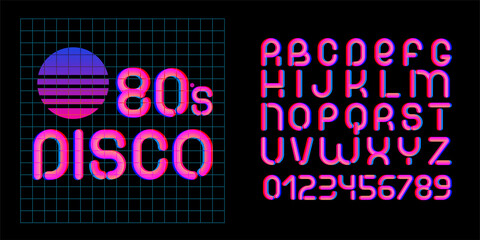 Obraz premium 80s Disco font. Letters of 70s-80s aesthtetics. Vector alphabet in retro futurism style.
