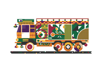 Geometric indian jingle truck. Decorated truck on a white background. Flat vector.