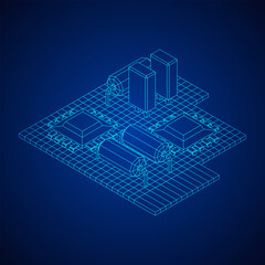 Circuit board. Electronic computer components motherboard. Semiconductor microchip, diode. Hardware parts. Wireframe low poly mesh vector illustration.