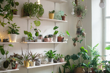 The interior of a bright room with green living plants on the shelves. A living garden. Phytodesign.