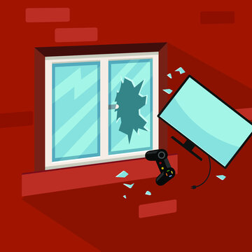 computer going trough the window, gaming accident, vector illustration 