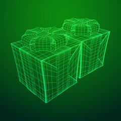 Gift Box with ribbon. Wireframe low poly mesh vector illustration.
