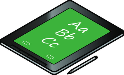 A tablet in use in education. Screen shows ABCs.