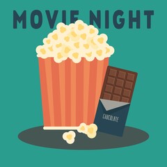 Movie night snack scene. Popcorn and chocolate. 