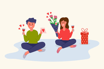 A man and a woman in a circle of gifts and flowers. Girl with a bouquet of flowers. Date, couple in love, heart cards, flowers, gift box, first meeting. Vector illustration