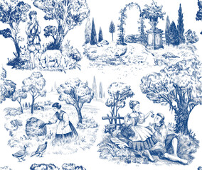 Seamless Provence pattern. Toile de jouy hand drawn illustration. Nature old French style. - 405561164