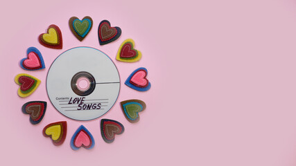 copyspace Valentine's Day greeting card, With audio disc with songs about love and hearts around on...