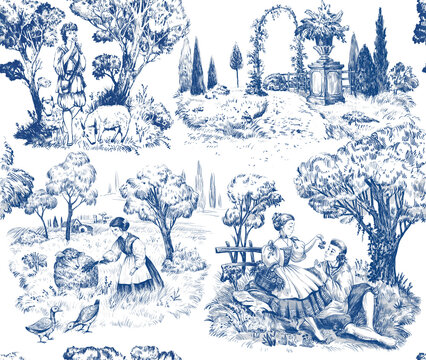 Seamless Provence pattern. Toile de jouy hand drawn illustration. Nature old French style.