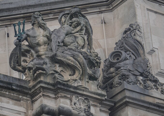 Sculptures, details of City hall of Cardiff, Wales, winter 2018