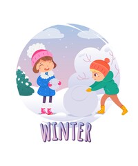 Happy kids building snowman in winter. Children in cold weather having fun outdoor vector illustration. Girl and boy laughing and making balls of snow in park. Tree and sky background
