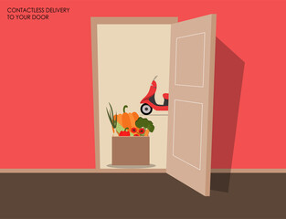 Fototapeta premium Vegetables for vegetarians and lovers of a healthy lifestyle in a cardboard box. Order from the online eco product store. Vector illustration