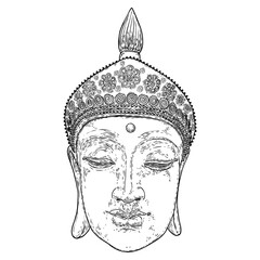 Buddha head drawing. Hinduism and Buddhism spirituality and enlightenment. Buddha portrait, Indian spiritual teacher, and religious leader. Purnima and Happy Vesak Day illustration elements. Vector.