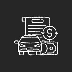 Vehicle title loan chalk white icon on black background. Placing lien on car title. Borrowers outstanding debt repayment. Collateral car. Vehicle value. Isolated vector chalkboard illustration