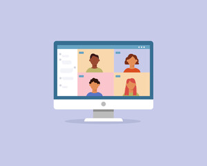 Group of people having an video conference. Group call, online meeting. Colorful vector illustration in cartoon flat style.