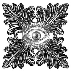 All seeing eye symbol element variation. Alchemy, religion, spirituality and occultism tattoo ink art. Vision of providence and conspiracy theory. Hand drawing in flash tattoo style artwork. Vector.