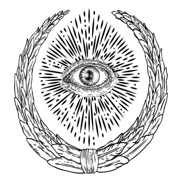 All seeing eye or Eye of Providence on decorative background sacred geometry. Ancient mystical sacral Masonic symbol. Hand drawn alchemy, religion and spiritual occultism. Conspiracy theory vector.