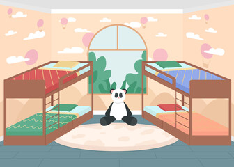 Obraz premium Children bedroom flat color vector illustration. Preschool room for daytime sleep time for kids. Nursery with furniture. Kindergarten room with bunk beds 2D cartoon interior with window on background