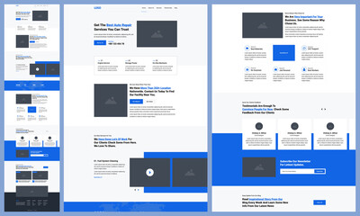 One page landing website design template for car repair company. Landing page UX UI wireframe. Flat modern responsive design. website: home, about, services, fun fac, why chose us, testimonials, blog