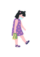 Kindergarten girl in medical mask flat color vector faceless character. New normal safety. Preschool kid with backpack isolated cartoon illustration for web graphic design and animation